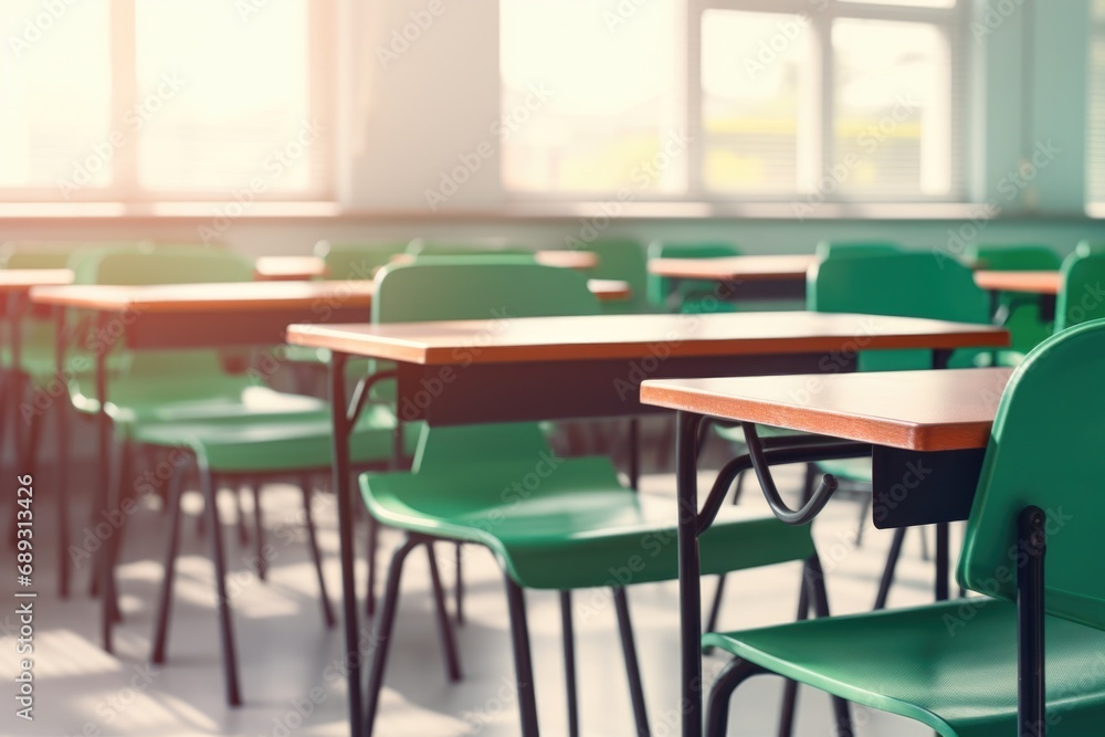 Poster a classroom with green chairs and a window. suitable for educational and school-related projects