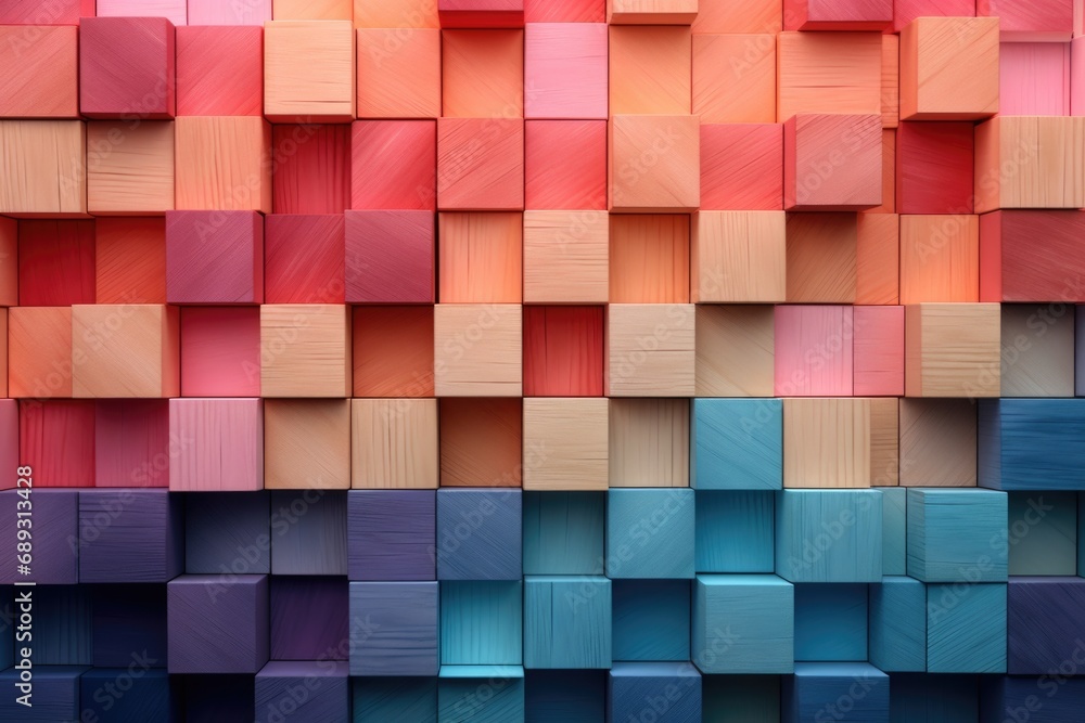 Poster A vibrant wall made of wooden blocks. Perfect for adding a pop of color and texture to any space