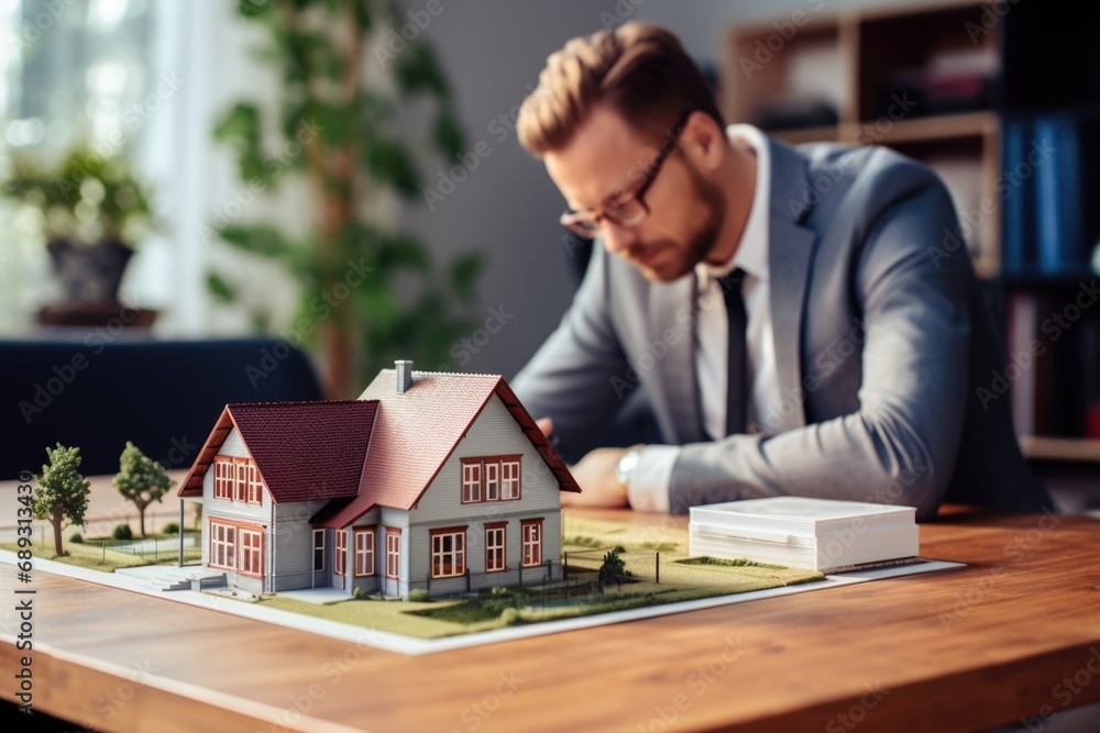 Poster A man is seated at a table with a model of a house. This image can be used to depict concepts such as real estate, architecture, home construction, or property investment