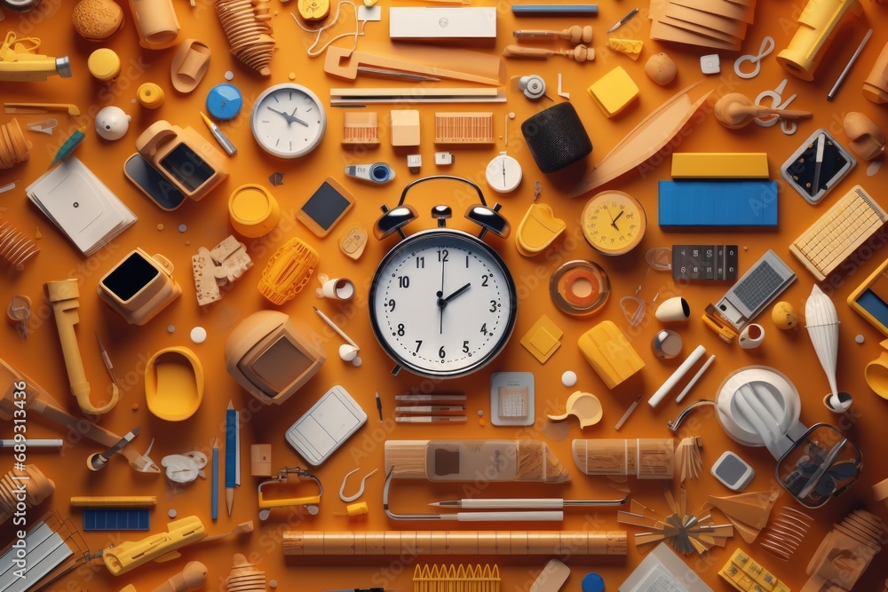 Poster A clock surrounded by various objects. This versatile image can be used in a variety of projects