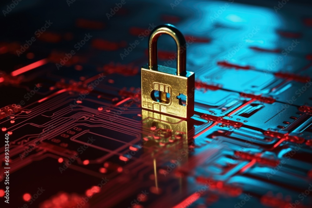 Fototapete a golden padlock is pictured sitting on top of a circuit board. this image can be used to represent 