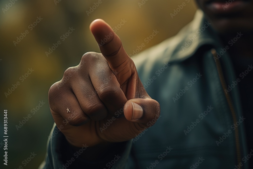 Poster a close-up image of a person pointing their finger. can be used to illustrate guidance, direction, o