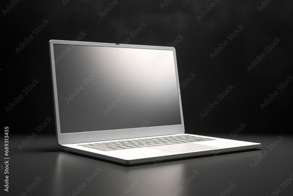 Poster a white laptop computer sitting on top of a table. this image can be used for various purposes