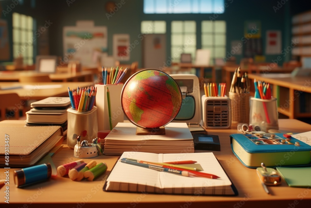 Poster a school desk with a globe placed on top. perfect for educational and geography-related projects