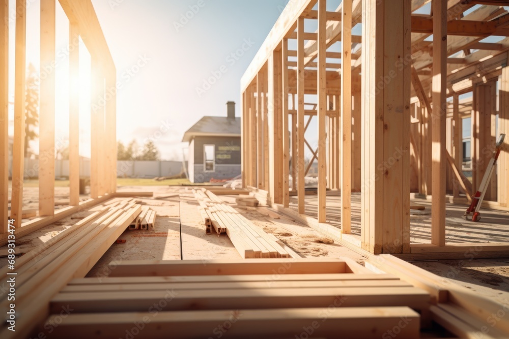 Poster a picture showcasing the construction site with wood framing. ideal for illustrating the progress of