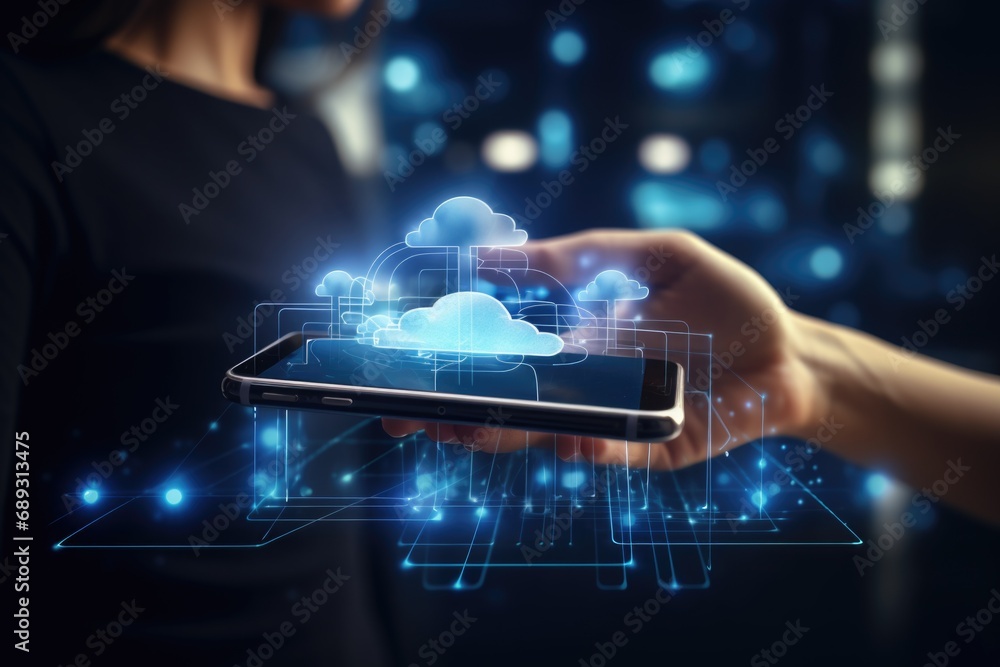 Poster A person is seen holding a cell phone with a cloud displayed on the screen. This image can be used to illustrate cloud computing or accessing data remotely