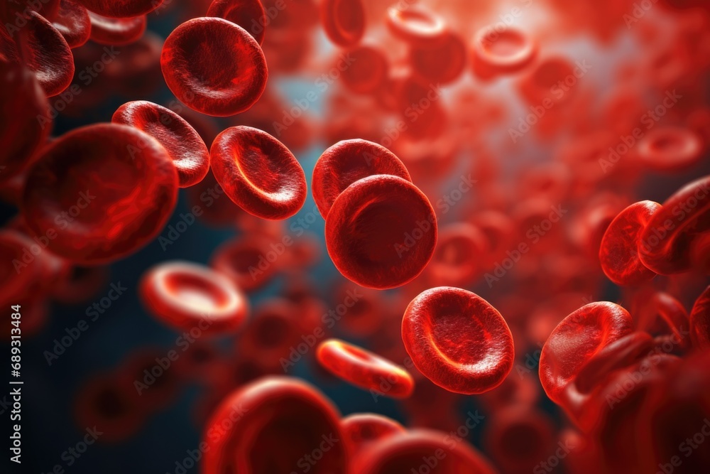 Poster a close-up view of red blood cells flowing through a vein. this image can be used to illustrate the 
