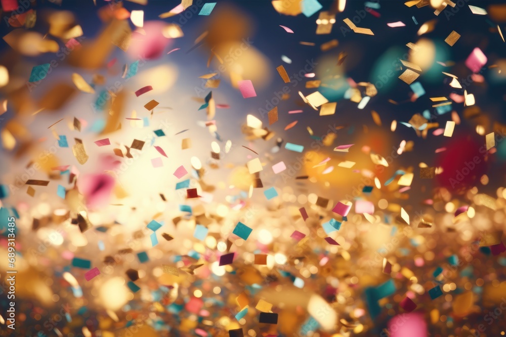 Poster A vibrant and festive image capturing a shower of confetti falling from the sky. Perfect for adding excitement and joy to any design project or event promotion