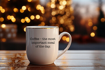 mug with drinks on dark background with bokeh. coffee mood and quote, inspirational concept. cope...