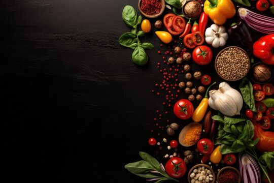 A variety of fresh vegetables arranged on a black table. This image can be used to depict healthy eating, vegetarian recipes, or farmers markets