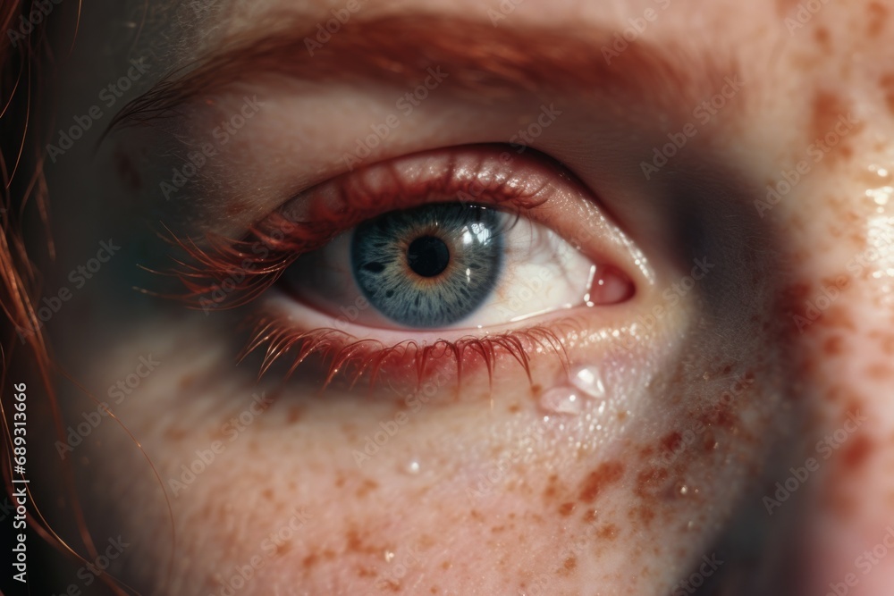 Poster a detailed close-up of a person's eye with visible freckles. can be used to represent uniqueness and