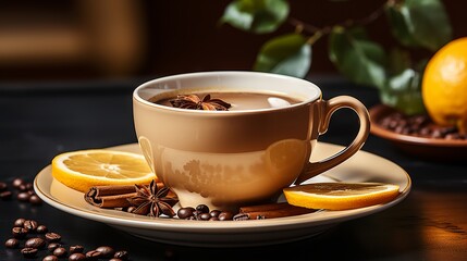Black coffee with lemon. Ceramic cup with hot drink and fruit flavor. Banner with copy space - obrazy, fototapety, plakaty
