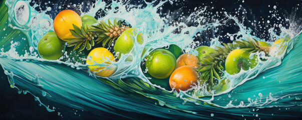 Various of fresh fruits in water splashes on wide banner