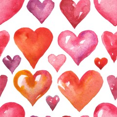 Fototapeta premium Hand painted watercolor seamless pattern with random little purple pink violet hearts on white background. Design element and printing greeting cards, wrapping paper and textile