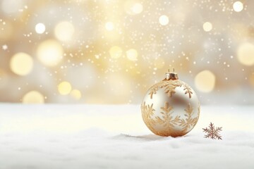 A gold Christmas ornament sitting in the snow. Perfect for holiday decorations and festive themes