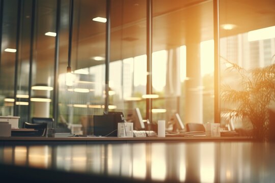 A desk with a laptop and a plant in front of it. Perfect for depicting a modern workspace or home office setup