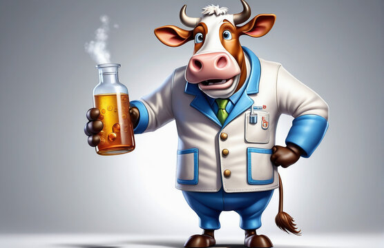 anthropomorphic caricature cow wearing a chemistry clothing with chemical tools

