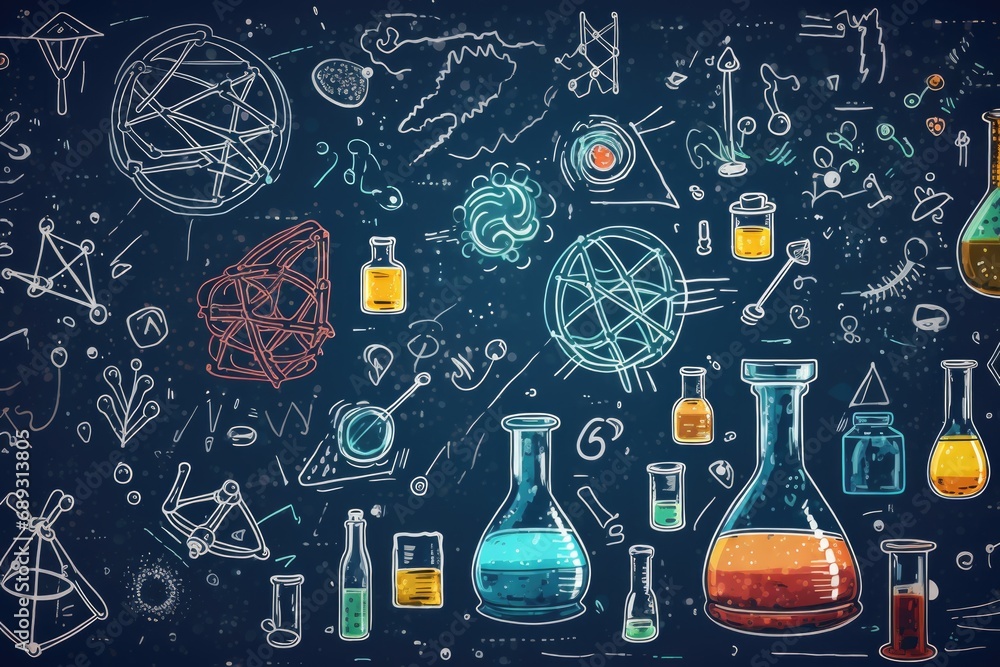 Poster A collection of science-related items displayed on a blackboard. Perfect for educational or scientific presentations