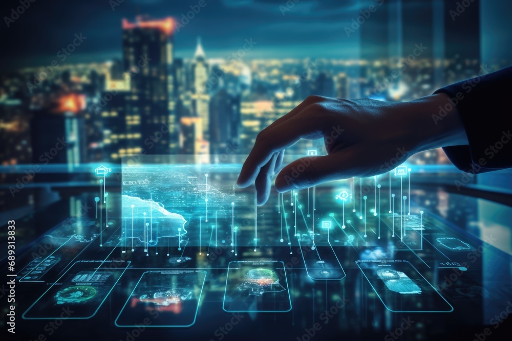 Aufkleber a person is seen touching a tablet while a city serves as the background. this image can be used to 
