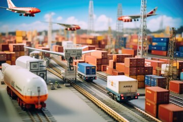 A model of a train yard with a plane flying in the sky. Suitable for transportation or aviation-related projects
