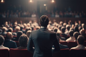 A man dressed in a suit confidently standing in front of a crowd. Suitable for business presentations and public speaking events - obrazy, fototapety, plakaty