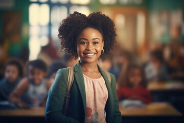 mujer joven afroamericana profesora de primaria, sobre fondo desenfocado de una clase llena de niños en un colegio de un pais africano - obrazy, fototapety, plakaty