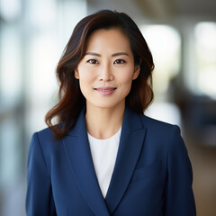 mujer ejecutiva asiática vistiendo traje azul,  con pose profesional sobre fondo desenfocado de oficina - obrazy, fototapety, plakaty