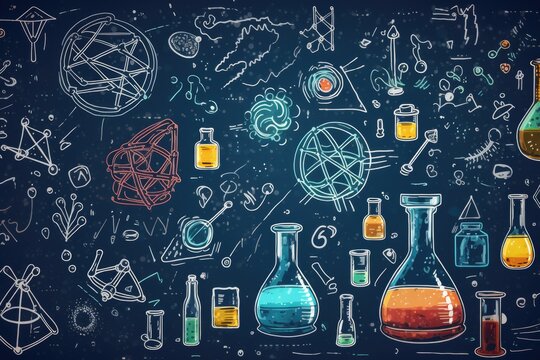A collection of science-related items displayed on a blackboard. Perfect for educational or scientific presentations