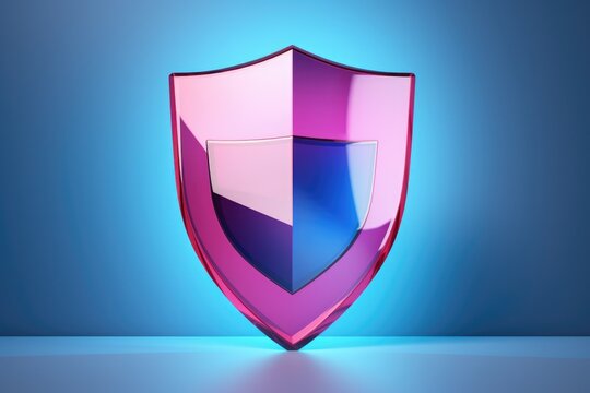 A shiny shield in pink and blue colors on a vibrant blue background. Suitable for various purposes