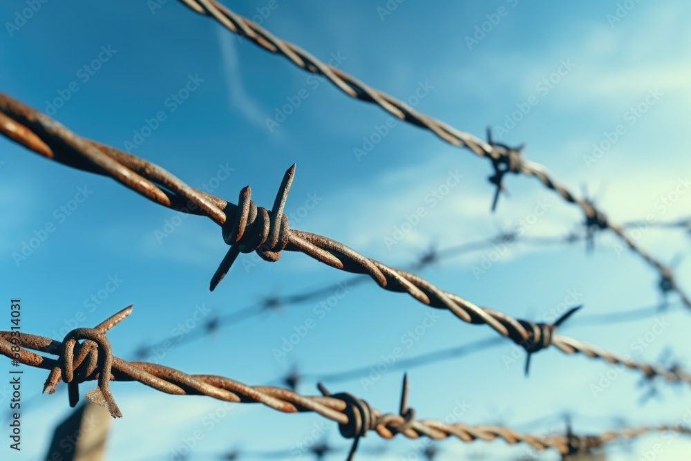 Poster a detailed view of a barbed wire fence. this image can be used to depict concepts such as security, 