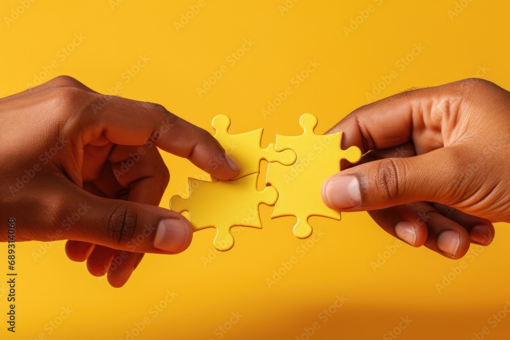 Fototapete Two hands holding a single yellow puzzle piece. This image can be used to represent teamwork, problem-solving, collaboration, or completing a larger picture