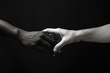 Two hands clasped together in a black and white photo. Can be used to represent unity, support, or friendship.