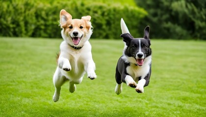 two dogs running together in the park with each other while chasing - obrazy, fototapety, plakaty