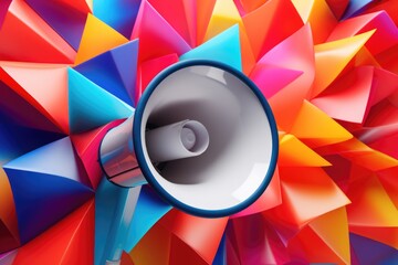 Colorful paper pieces are arranged around a megaphone. This image can be used for advertising, announcements, or promotional purposes