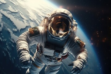 A man in a space suit floating in the air. Perfect for science fiction or space-themed projects
