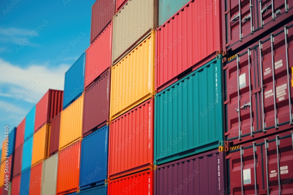 Poster a collection of brightly colored shipping containers stacked one on top of the other. can be used to