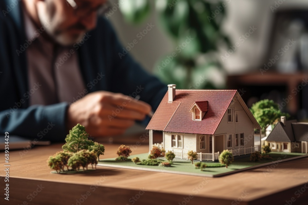 Poster A man is sitting at a table, focused on a model of a house. This image can be used to represent concepts such as real estate, property development, architecture, or home construction