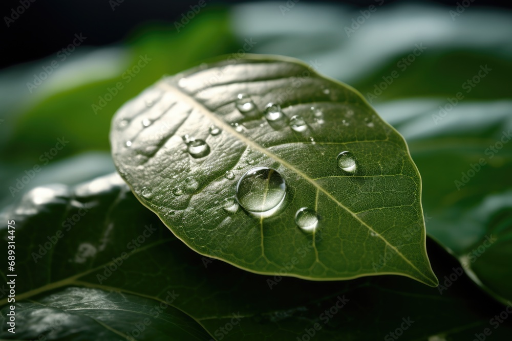 Poster a close-up image of a green leaf with water droplets. this image can be used to depict freshness, na