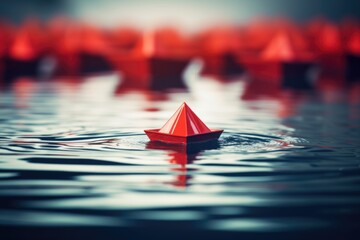 A red paper boat peacefully floating on a serene body of water. Perfect for illustrating the concept of adventure, childhood, or imagination.