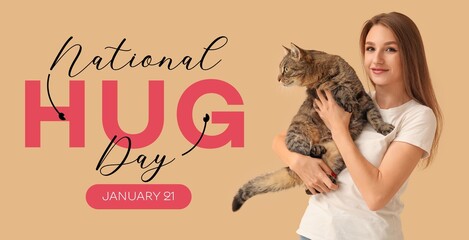 Banner for National Hugging Day with happy woman and cute cat