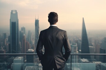 A professional man in a suit standing and gazing at the cityscape. Suitable for business, success, and urban themes - obrazy, fototapety, plakaty