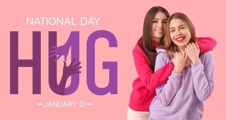 Banner for National Hugging Day with happy female friends - Powered by Adobe