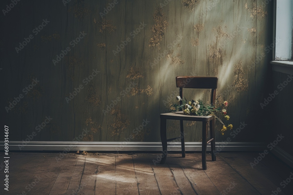 Poster a wooden chair with a beautiful flower arrangement on the back. perfect for adding a touch of nature