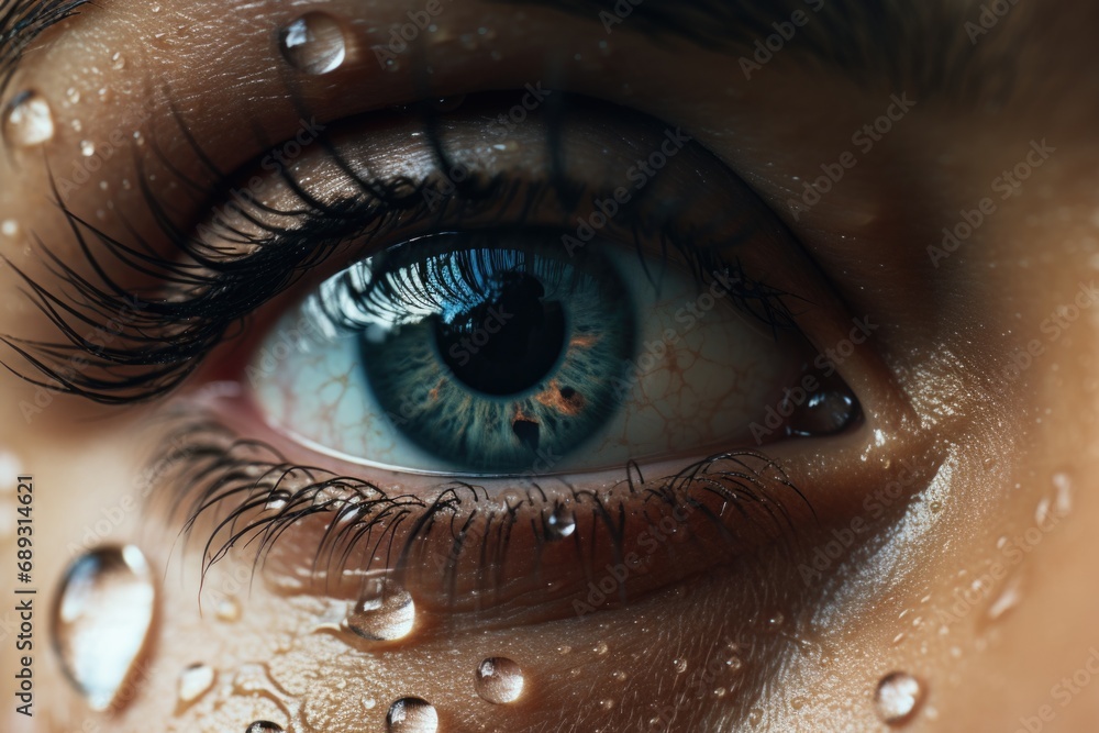 Poster a close up view of a person's eye with small water droplets on the surface. this image can be used t