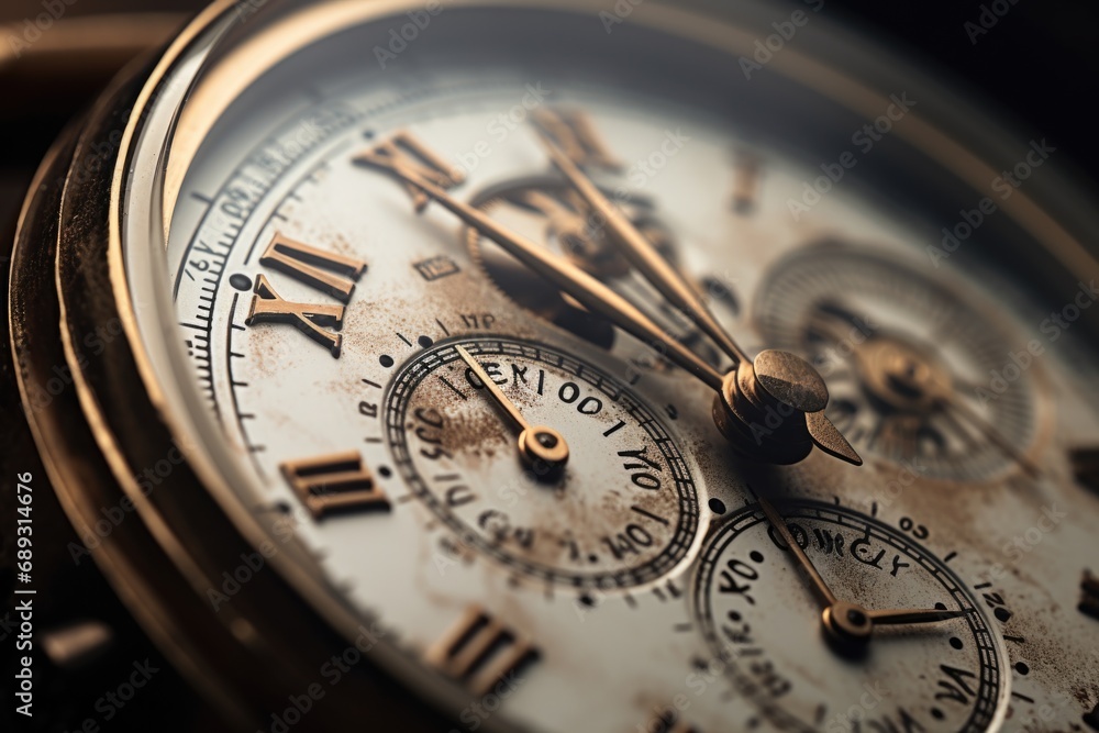 Poster A close-up view of a watch with roman numerals. Perfect for illustrating time management or adding a touch of elegance to any design