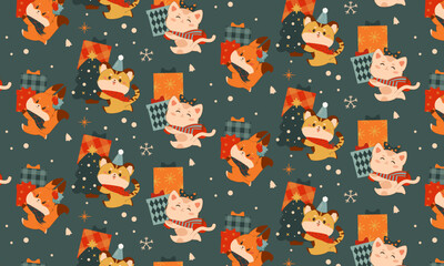 Vintage Christmas pattern with cute characters and gifts. Fox, tiger cub, kitten. Perfect for gift wrapping, greeting cards. Kawaii style. Vector illustration