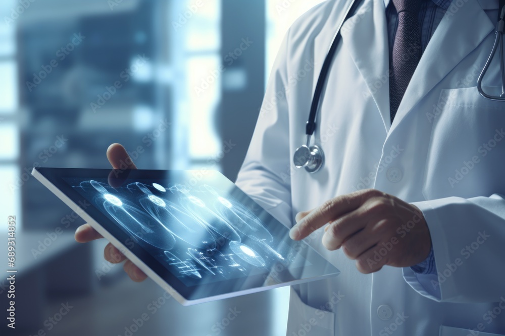 Aufkleber a man wearing a lab coat holding a tablet computer. ideal for scientific research, data analysis, an