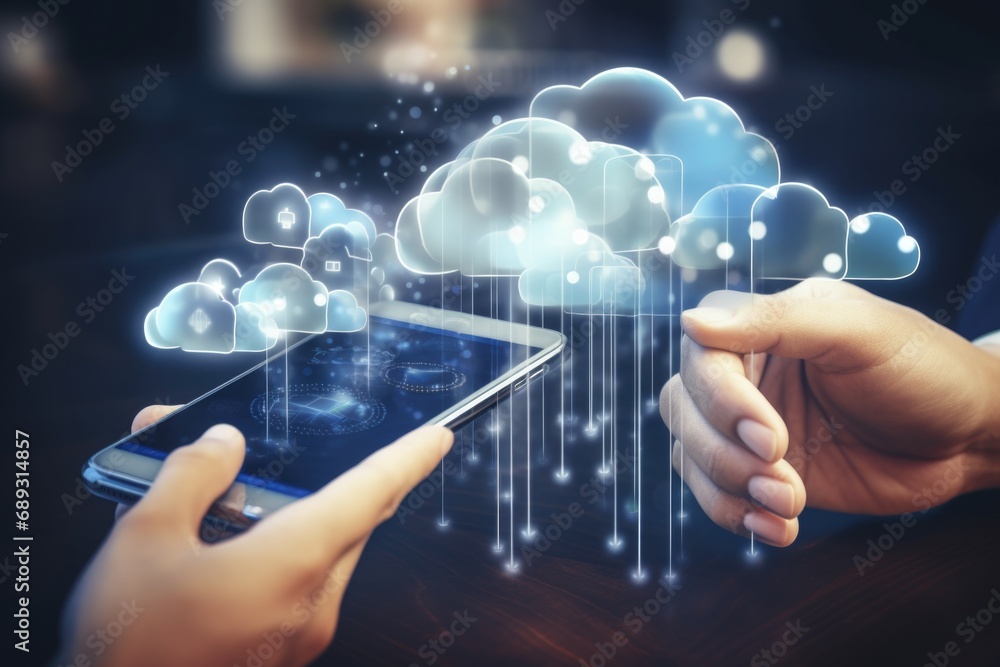 Aufkleber Hands holding a smartphone and touching a cloud. Suitable for technology and communication concepts