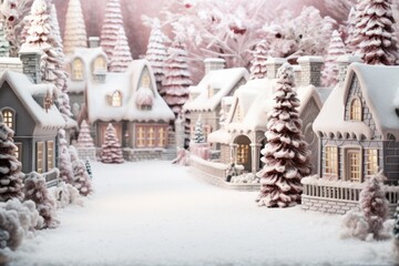 A picturesque Christmas village covered in a thick blanket of snow. Perfect for holiday-themed designs and winter promotions