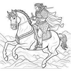 Coloring book page of a Japanese samurai riding his was horse. Pencil sketches for kids coloring for art projects. Generative AI.